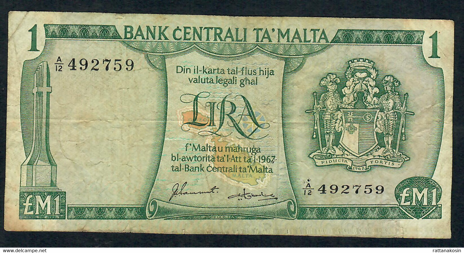 MALTA P31f 1 LIRA 1967  #A/12   Signature 7 F-VF ,3 P.h. ! - Malte