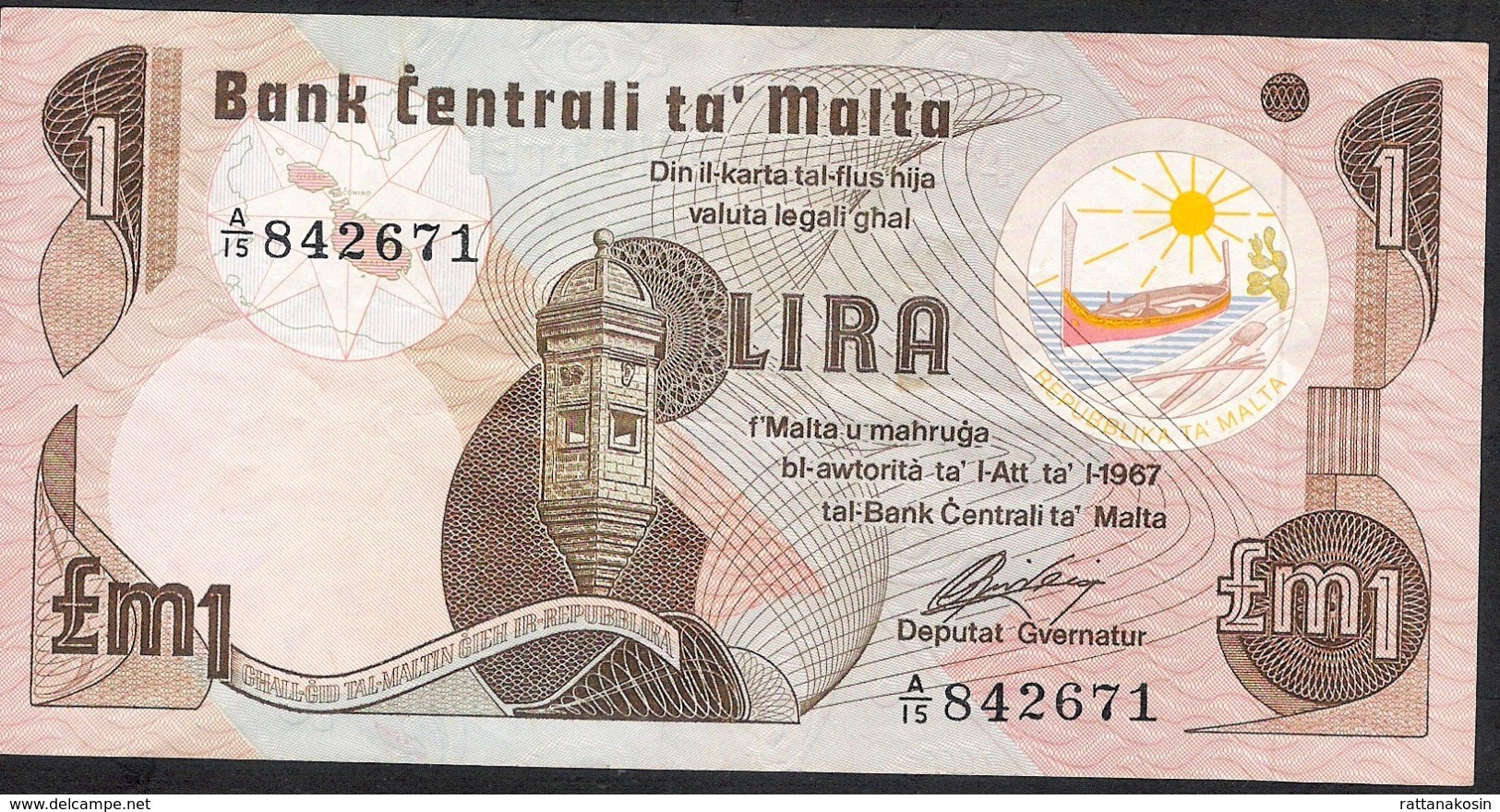 MALTA P34b 1 LIRA 1967 With Dot VF NO P.h. ! - Malta