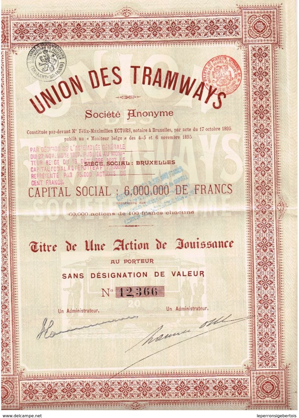 Titre De 1895 - Union Des Tramways - Société Anonyme - - Ferrocarril & Tranvías