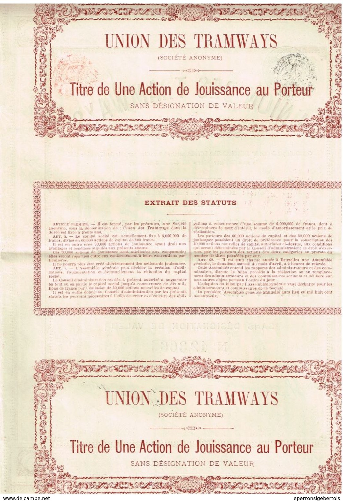 Titre De 1895 - Union Des Tramways - Société Anonyme - - Ferrocarril & Tranvías