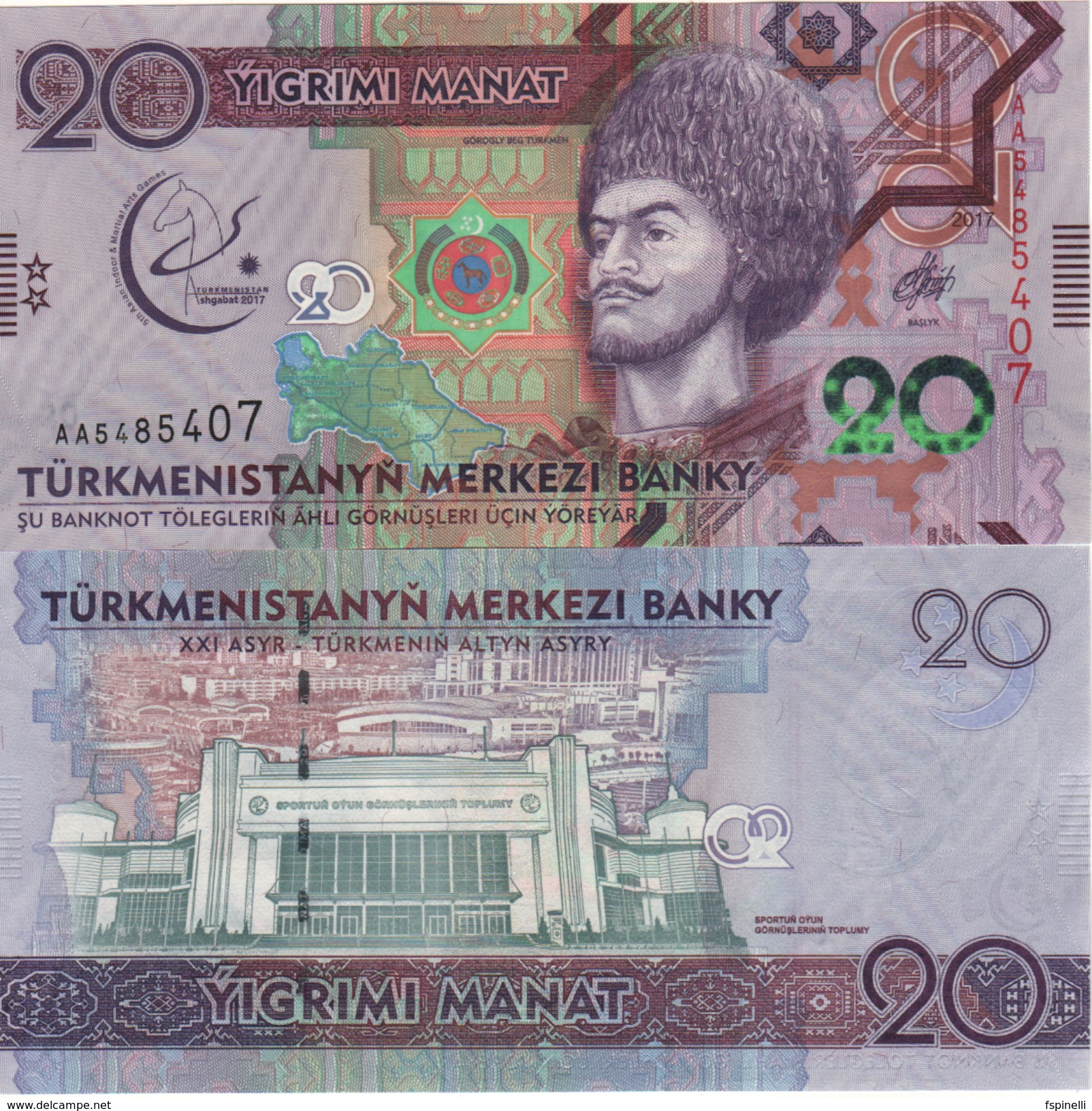 TURKMENISTAN   New.  20.  Manat.  Commemorative Asian Olympics.  2017 UNC - Turkménistan