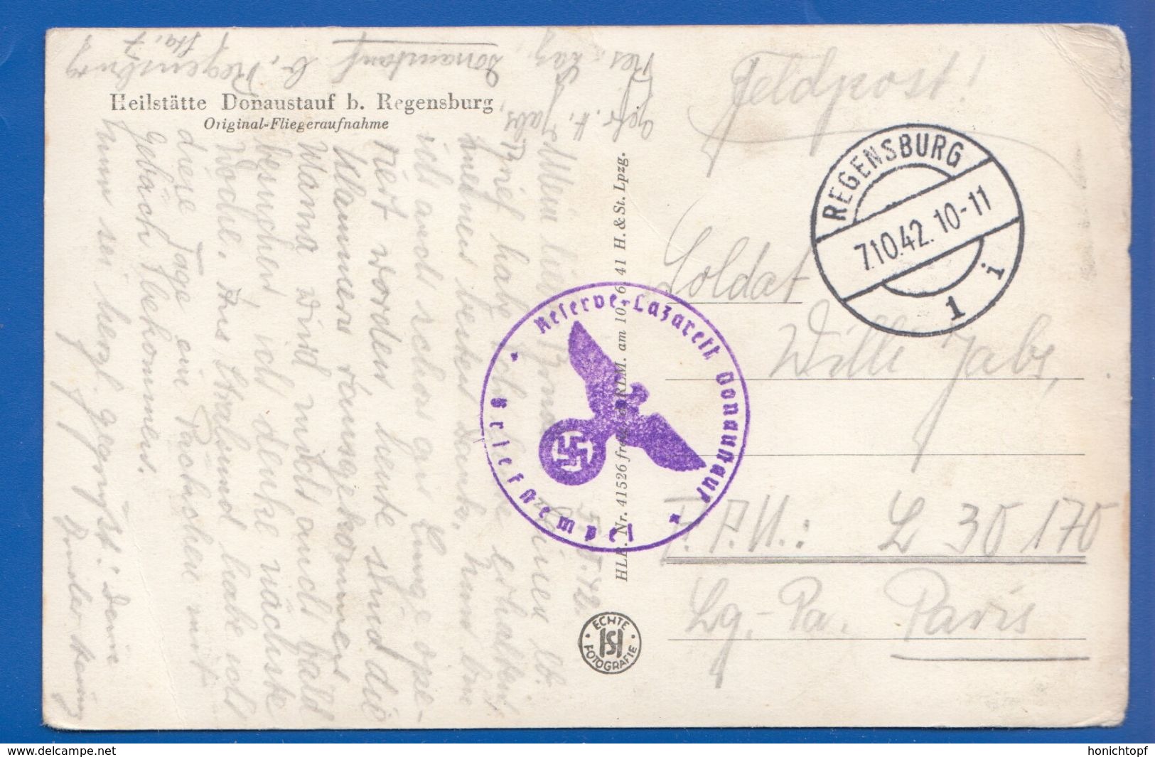 Deutschland; Donaustauf, Regensburg; Fliegeraufnahme; Walhalla; 1942 Stempel Lazarett Donaustauf - Regensburg