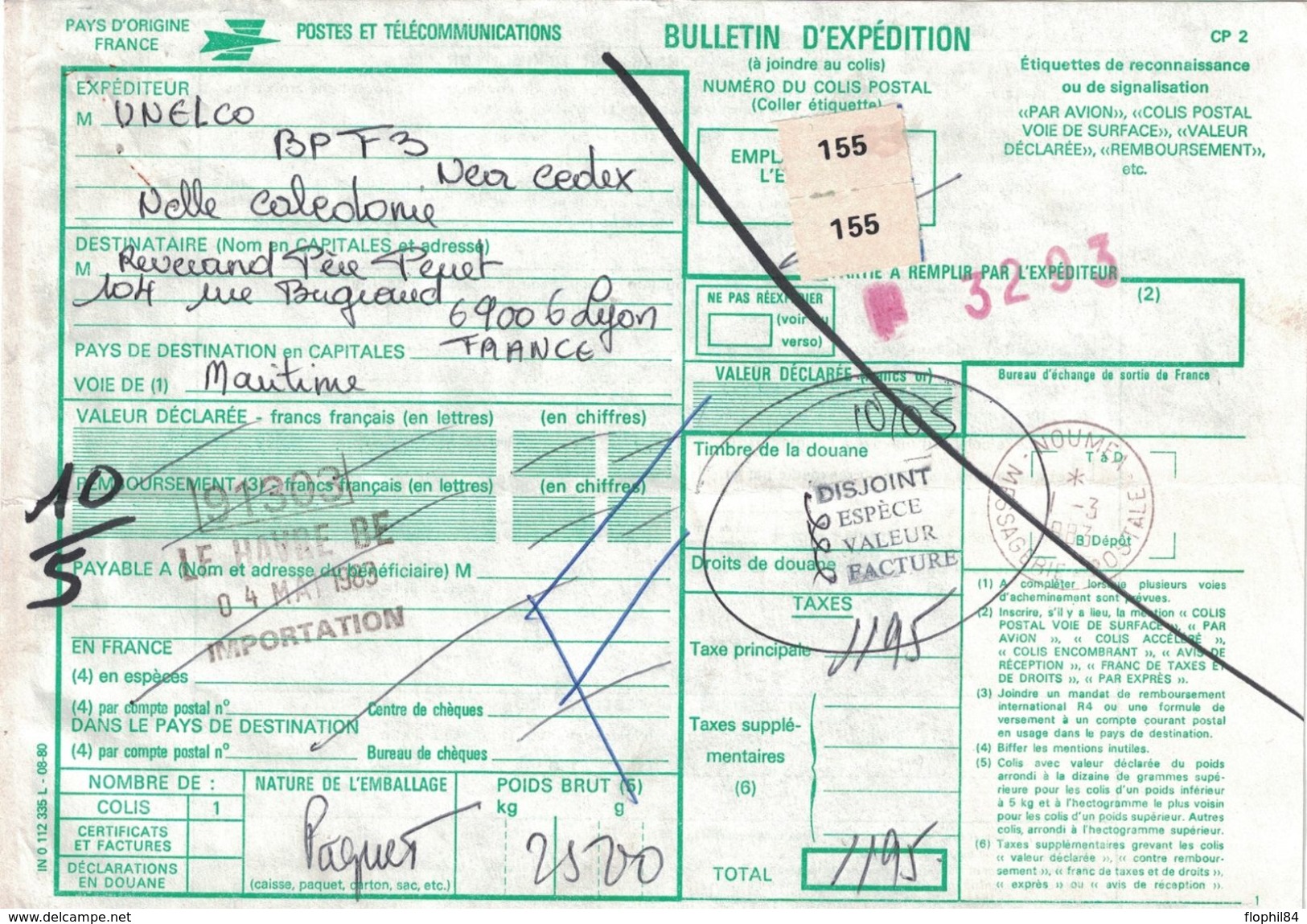 NOUVELLE-CALEDONIE - BULLETIN D'EXPEDITION COLIS POSTAL - CACHET NOUMEA MESSAGERIE POSTALE 1-3-1983 (P1) - Cartas & Documentos