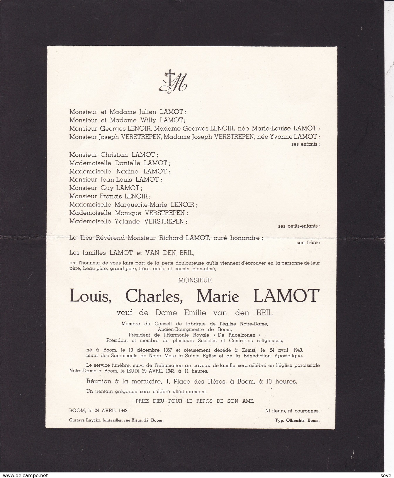 BOOM ZEMST Louis LAMOT Ancien Bourgmestre Burgemeester BOOM 1867-1943 Doodsbrief - Décès