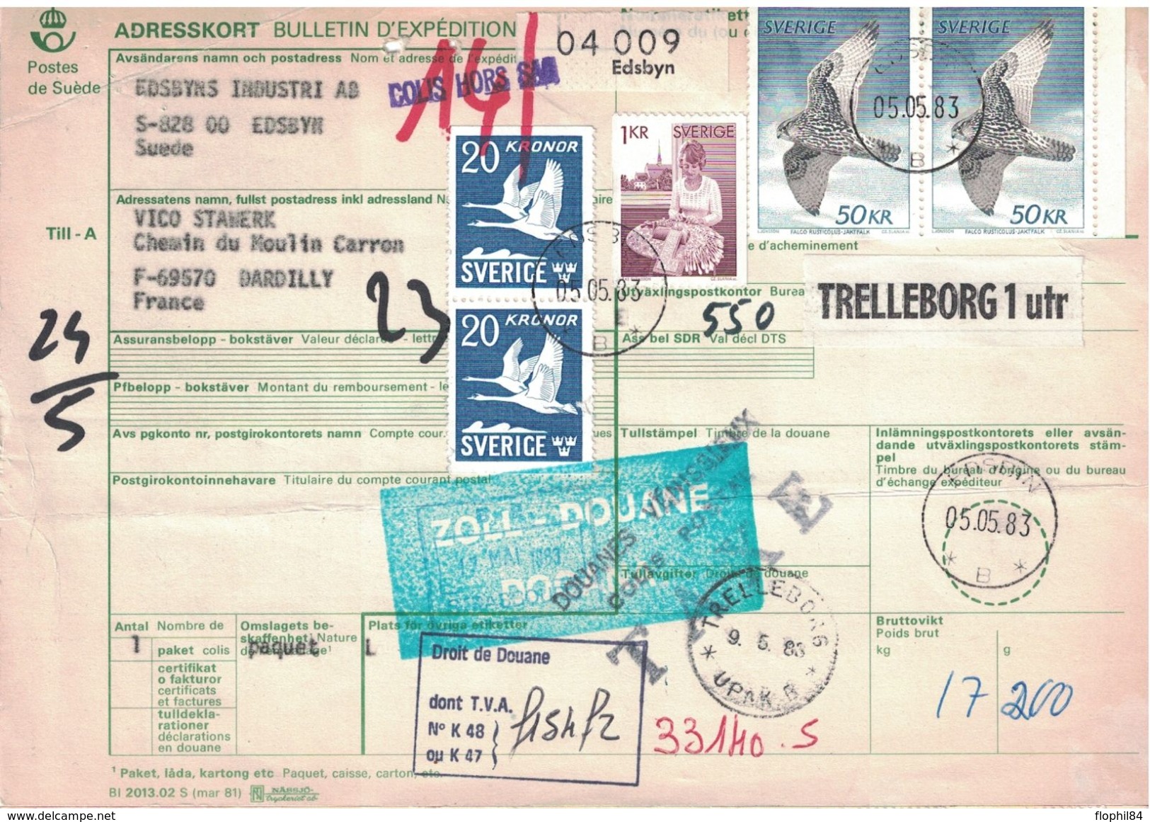 SUEDE - BULLETIN D'EXPEDITION COLIS POSTAL - CACHET EDSBYN  - LE 5-5-1983 - GRIFFE COLIS HORS SAC (P1) - Lettres & Documents