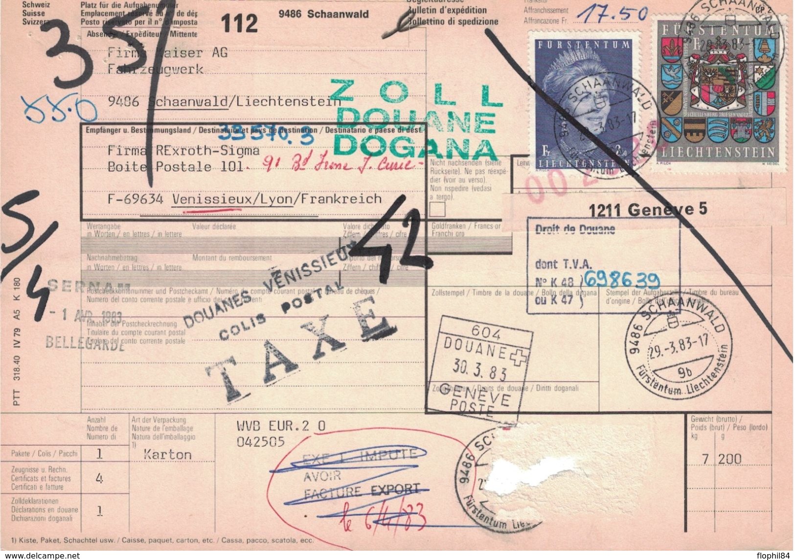 LIECHTENSTEIN - BULLETIN D'EXPEDITION COLIS POSTAL - CACHET SCHAANWAID   - LE 29-3-1983 (P1) - Brieven En Documenten