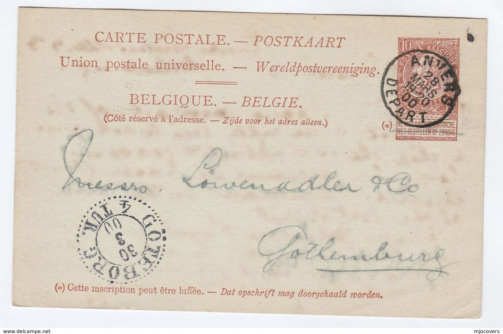 1900 Anvers BELGIUM  STATIONERY To Goteborg SWEDEN Postal Card Stamps Cover - Postcards 1909-1934