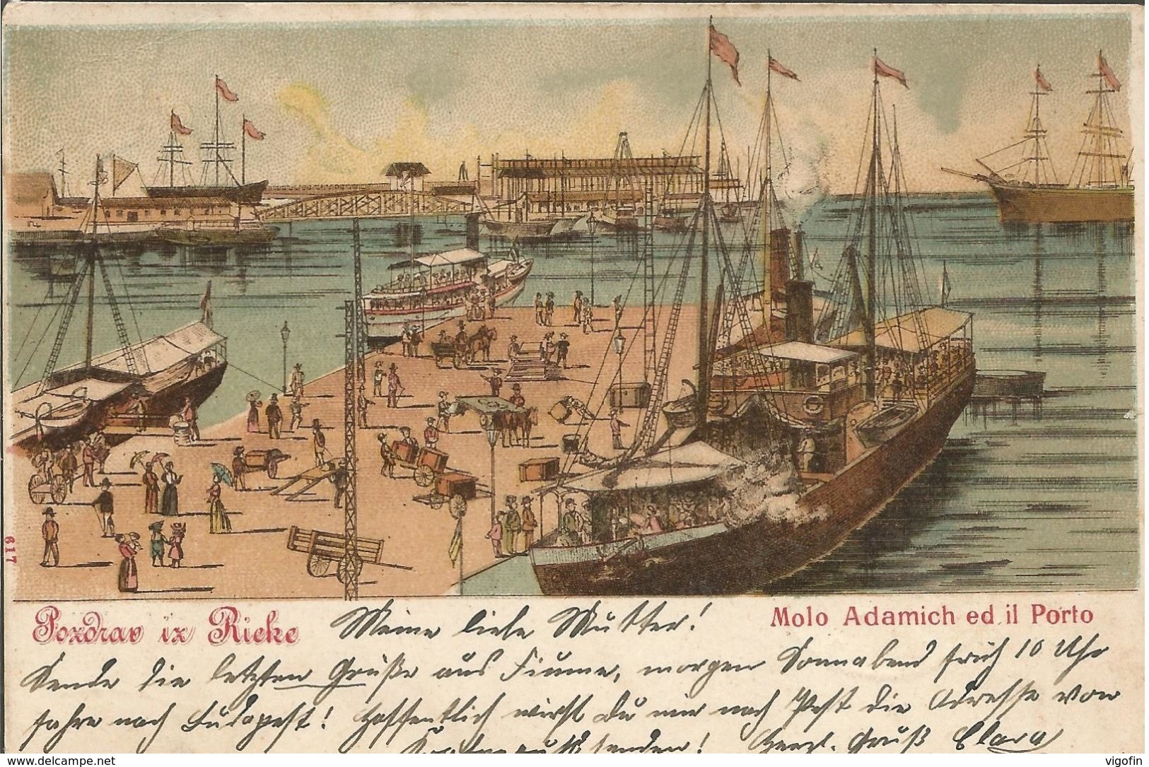 RIJEKA FIUME MOLO ADAMICH ED IL PORTO GRUSS, HRVATSKA CROATIA, PC LITO, Circulated 1902 - Croazia