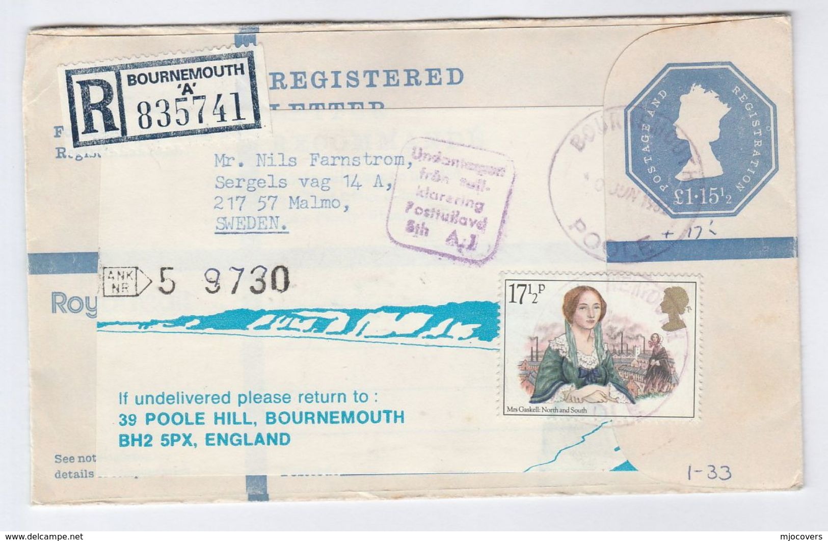 1982 REGISTERED GB To SWEDEN Uprated £1.15 POSTAL STATIONERY COVER With  CUSTOMS Marking Bournemouth To Malmo Stamps - Luftpost & Aerogramme