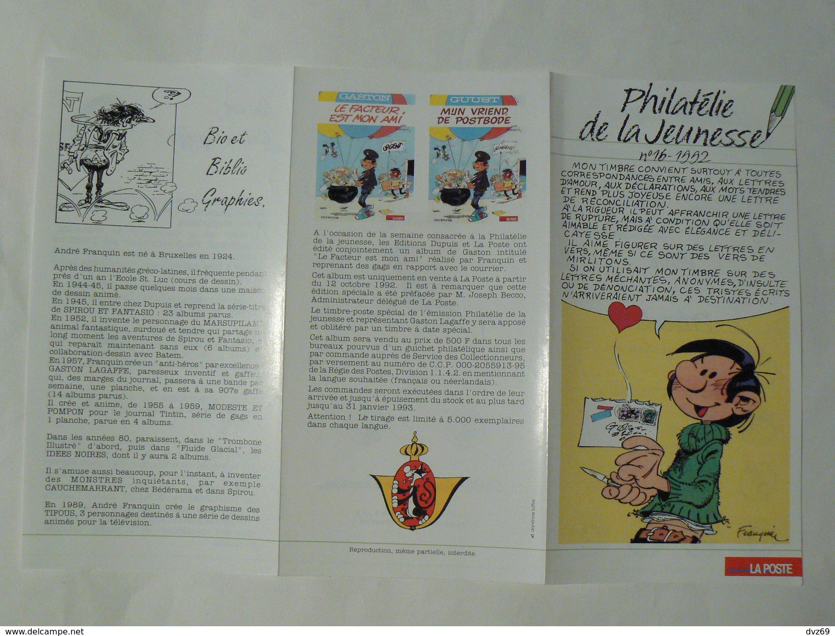 Fascicule De Présentation Du Timbre Gaston Lagaffe, N° 16 De 1992, Philatélie De La Jeunesse - Dépliants De La Poste