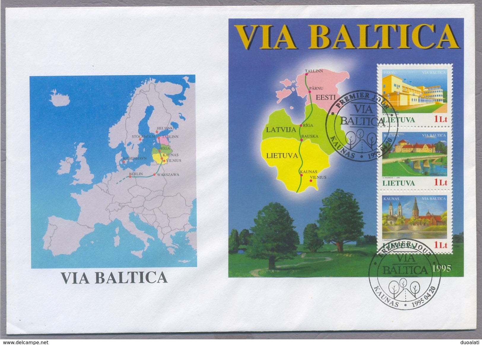 Lietuva Lithuania 1995 Big FDC Litauen Lituanie Litouwen Lithuania Via Baltica Kaunas Commemorative Postmark - Estonia