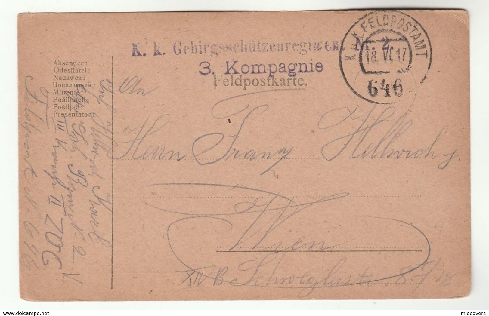 1917 3 Kompagnie FELDPOST  KuK FELDPOSTAMT 646  Feldpostkarte Card Cover Military Forces Stamps Austria Wwi Stationery - Covers & Documents