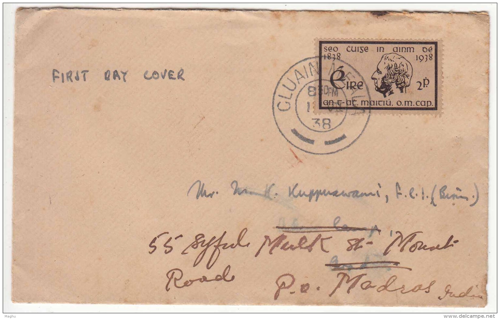 FDC 1938 Ireland Used, Mather Mathew, To Aden, Redirect To India - FDC