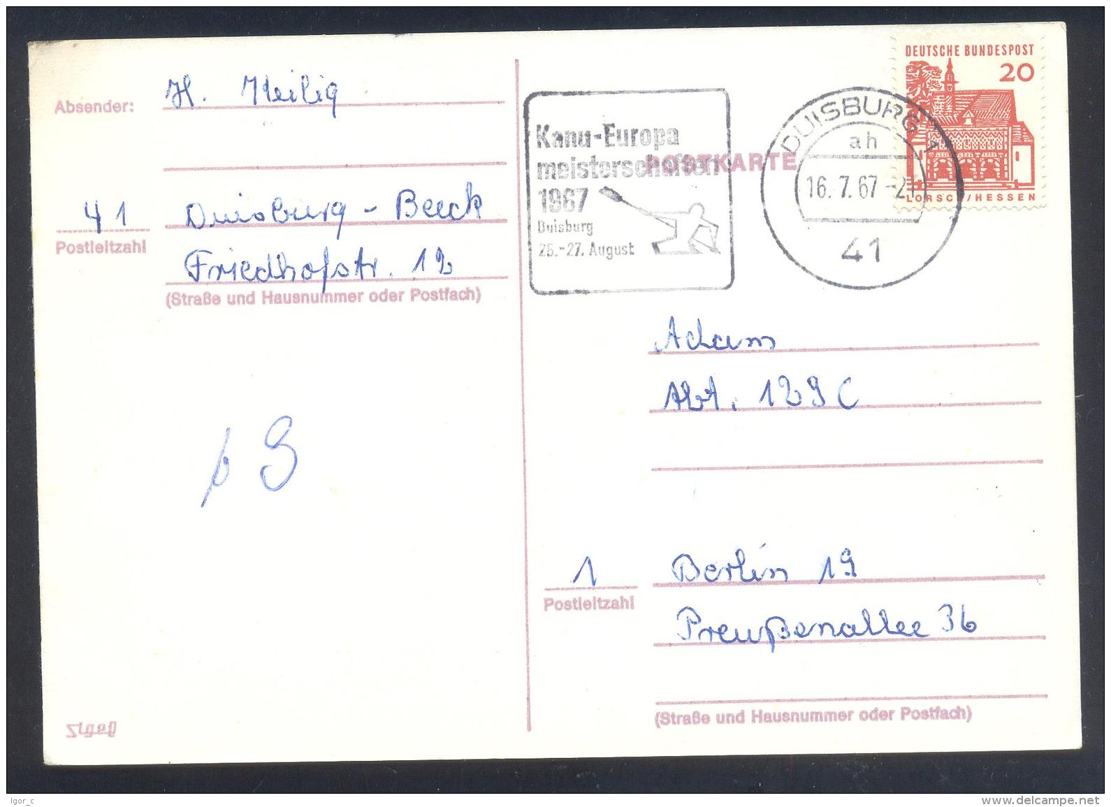 Germany 1967 Card: Sport Cayak Kayak Canoe Kajak Kanu; Kanu Europa Meisterschaften Duisburg Slogan European Championship - Kanu