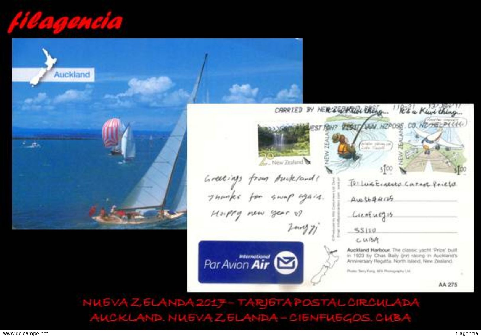 AUSTRALIA & OCEANÍA. NUEVA ZELANDA. ENTEROS POSTALES. TARJETA POSTAL CIRCULADA 2017. NUEVA ZELANDA-CUBA. AVIACIÓN - Covers & Documents