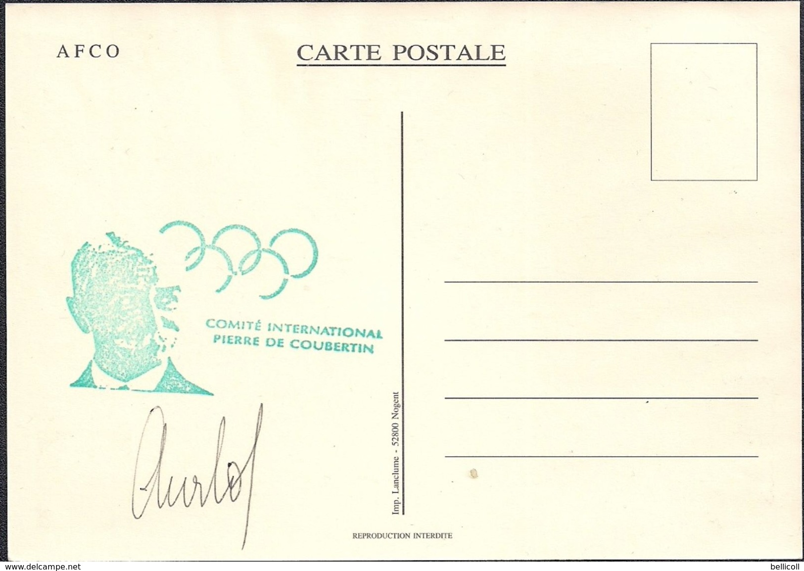 Carte Postale Entier Postal Baron Pierre De Coubertin Cachet Type Baron De Coubertin Cachet Au Dos CIPC Autographe - Jeux Olympiques