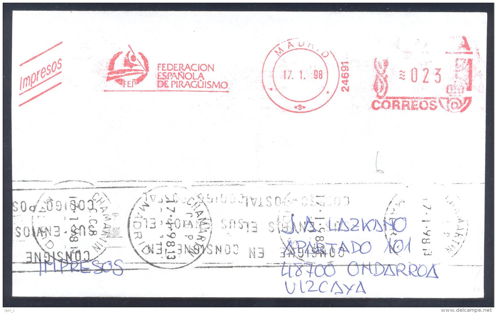 Spain 1998 Cover; Sport Cayak Kayak Canoe Kajak Kanu; Spanish Canoeing Federation; Meter EMA Cancellation Freistempel - Kanu