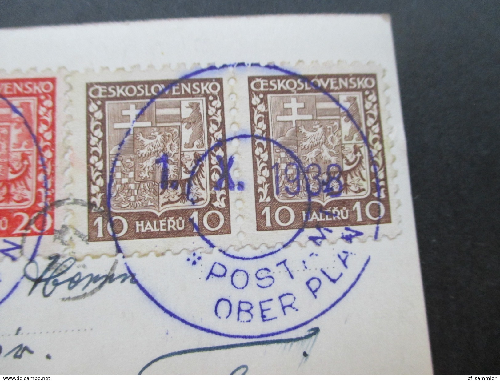 Sudetenland AK Echtfoto Oberplan. Blaue Und Schwarzer Stempel Postamt Oberplan. Bedarf!! 1.X.1938 Nach Anvers Belgien - Région Des Sudètes