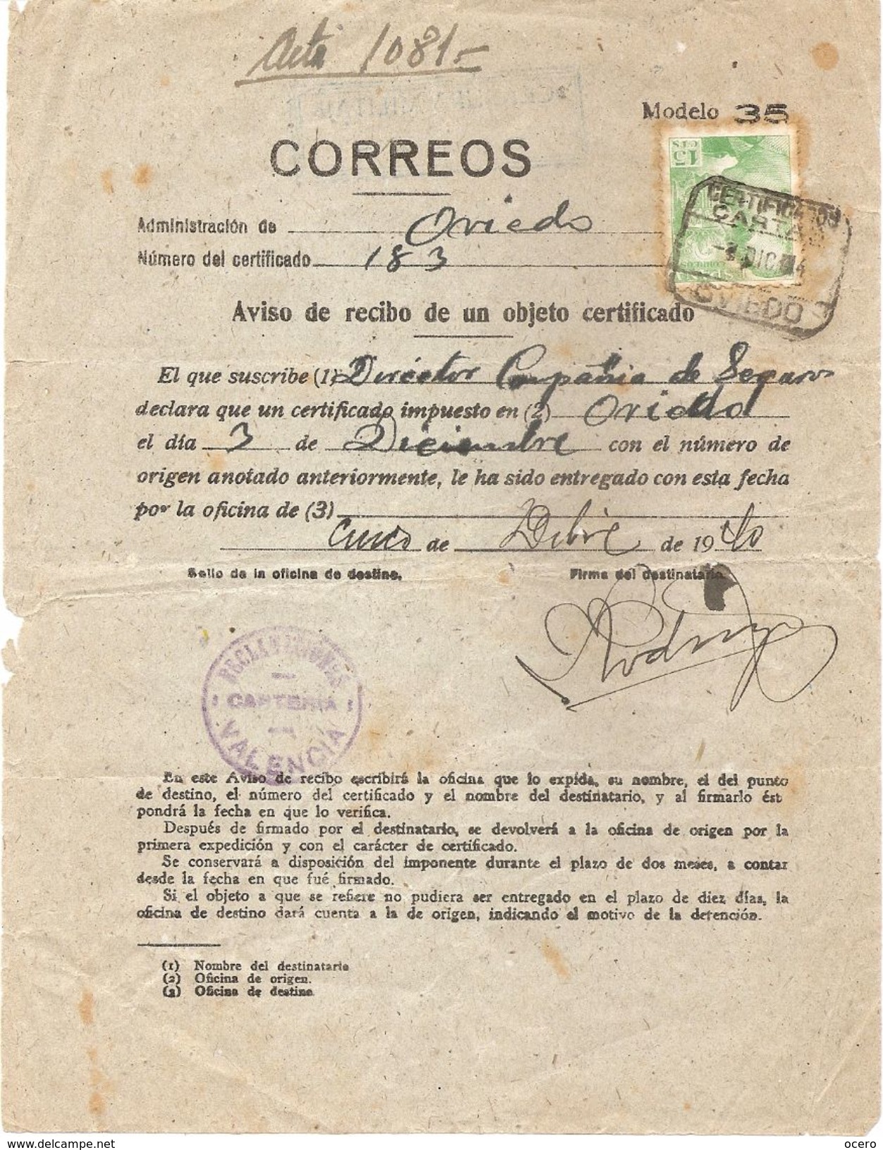 Aviso De Recibo De Correo Certificado, Con Censura Militar De Oviedo, 2 Scaner - Covers & Documents