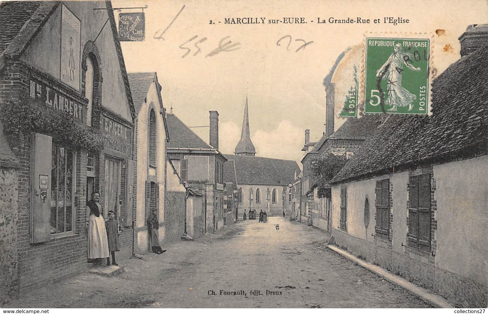 27-MARCILLY-SUR-EURE- LA GRANDE RUE ET L'EGLISE - Marcilly-sur-Eure