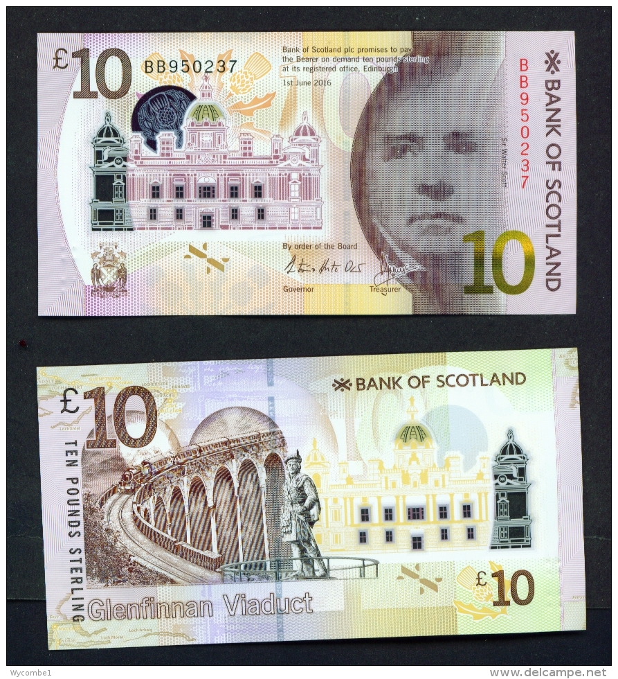 SCOTLAND  -  01/06/2016  &pound;10 Polymer Bank Of Scotland Banknote  Walter Scott  UNC - 10 Pounds