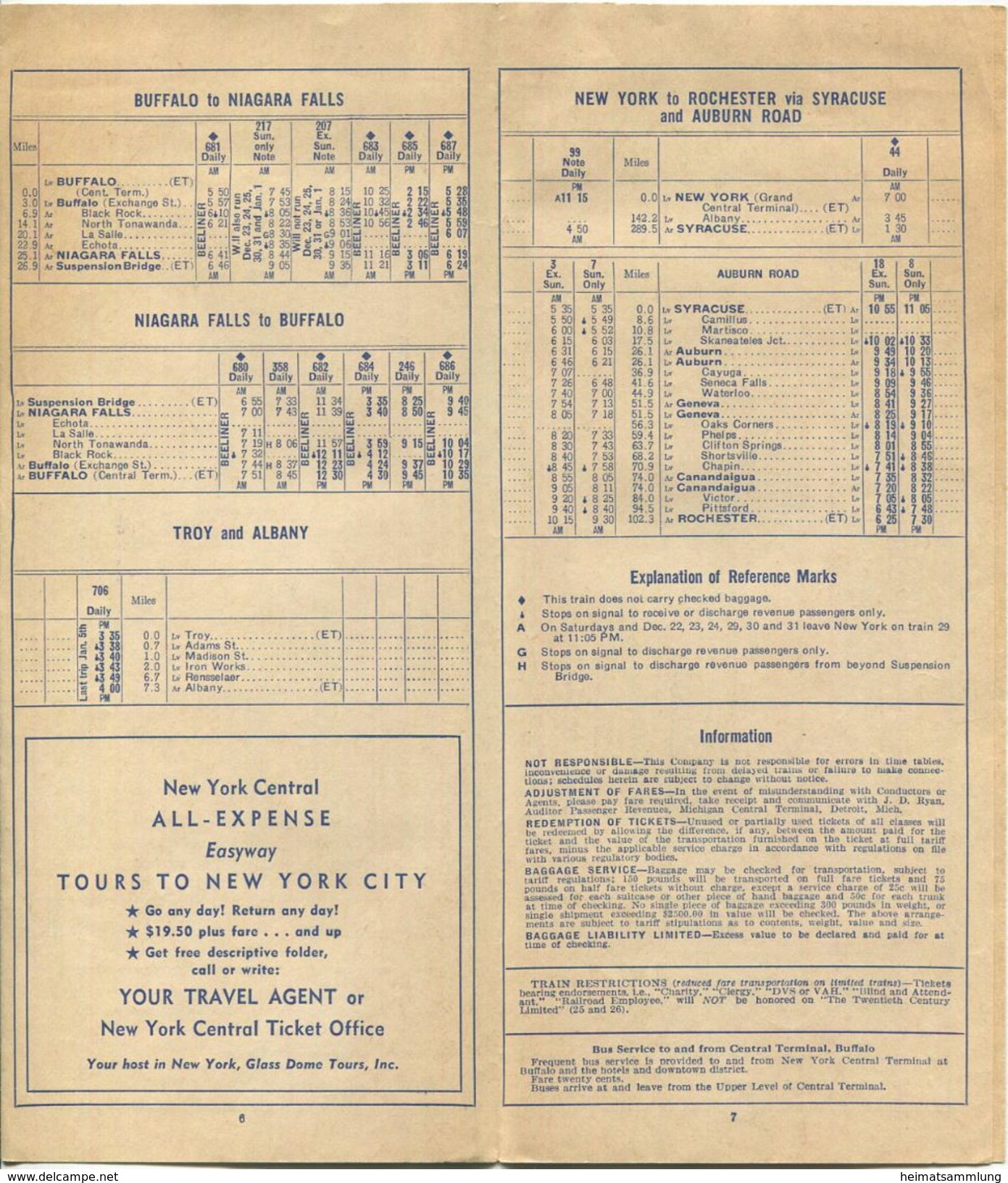 New York State - New York Central - Area Time Table - Faltblatt 1957 - Wereld