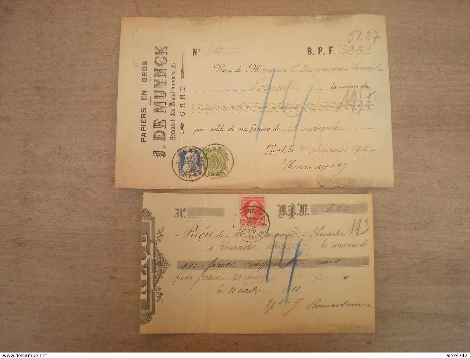 2 Reçus : Papiers En Gros J. De Muynck, 1911 + ?? (box1) - Printing & Stationeries