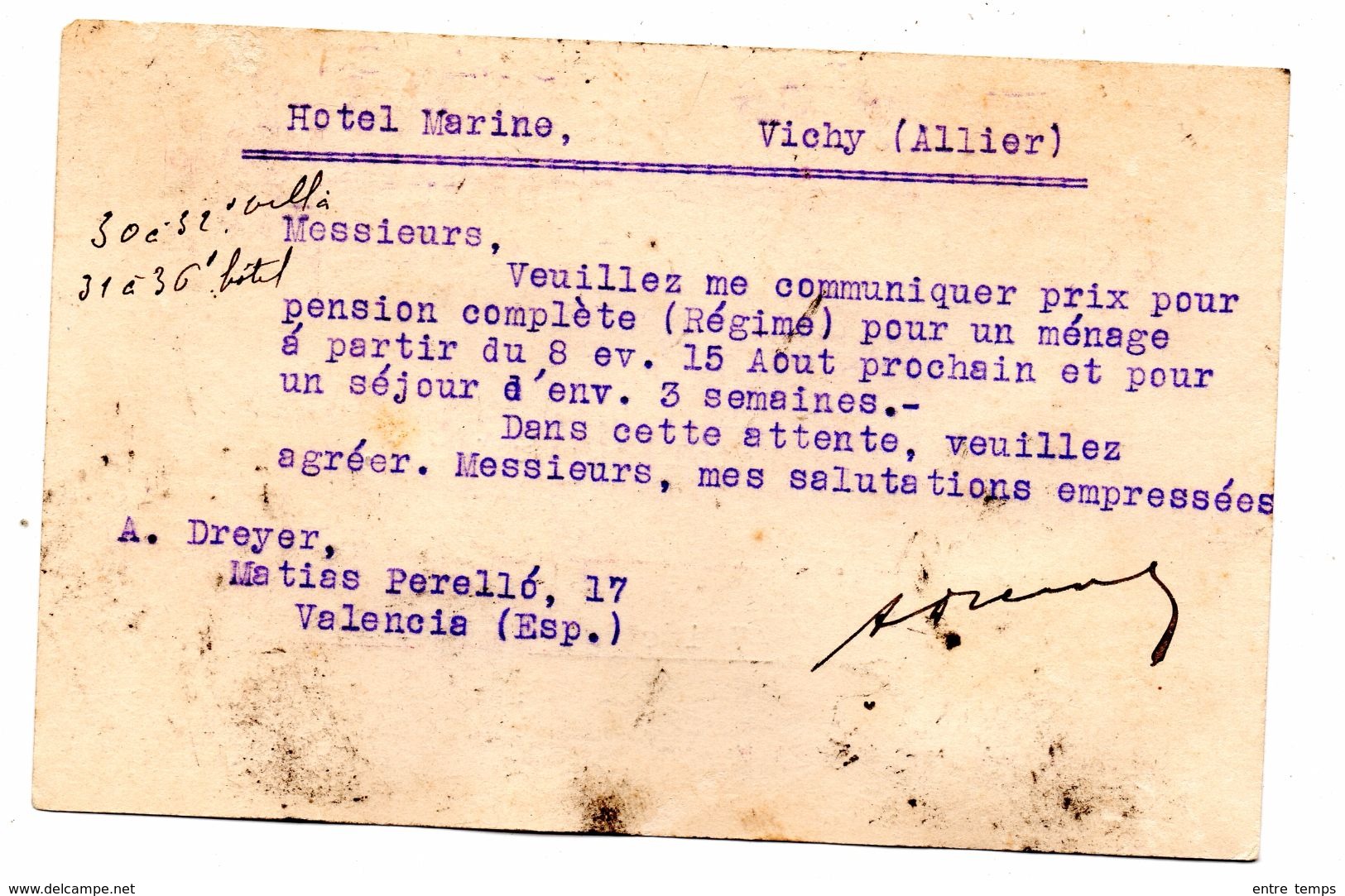Entier Postal Espagne Surcharge Republica Espanola Valence Pour Vichy 03 - Storia Postale