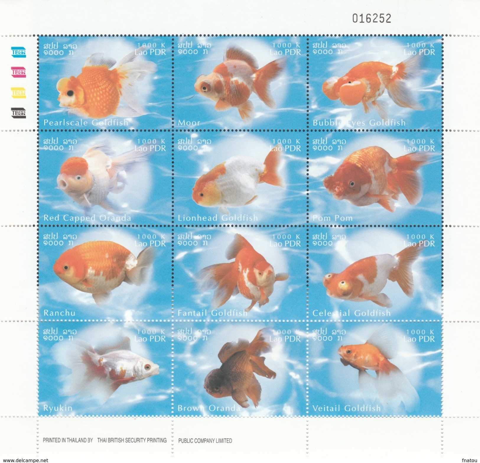 Laos, Goldfish , 2002, MNH VF Sheet Of 12 - Laos