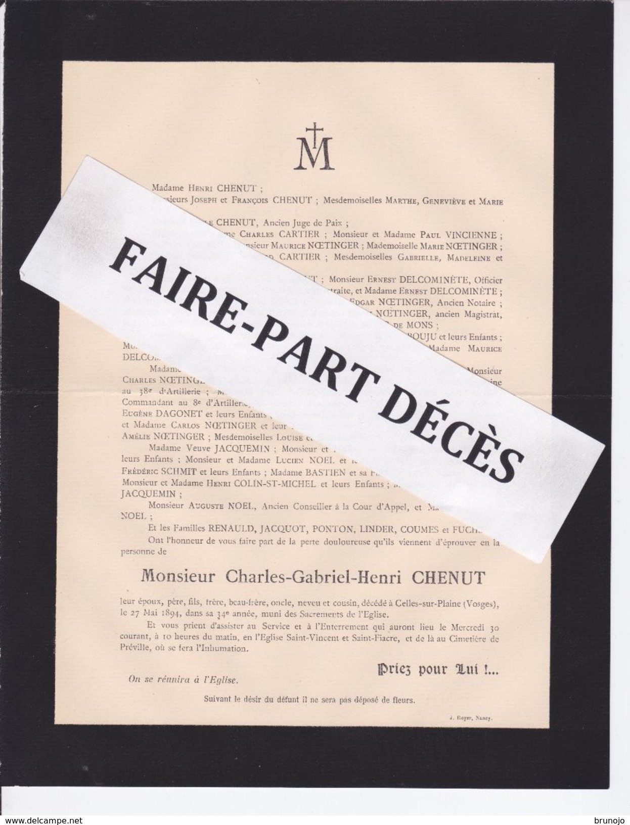 Faire-part Décès M. Charles Gabriel Henri CHENUT, Celles-sur-Plaine, 1894 - Todesanzeige