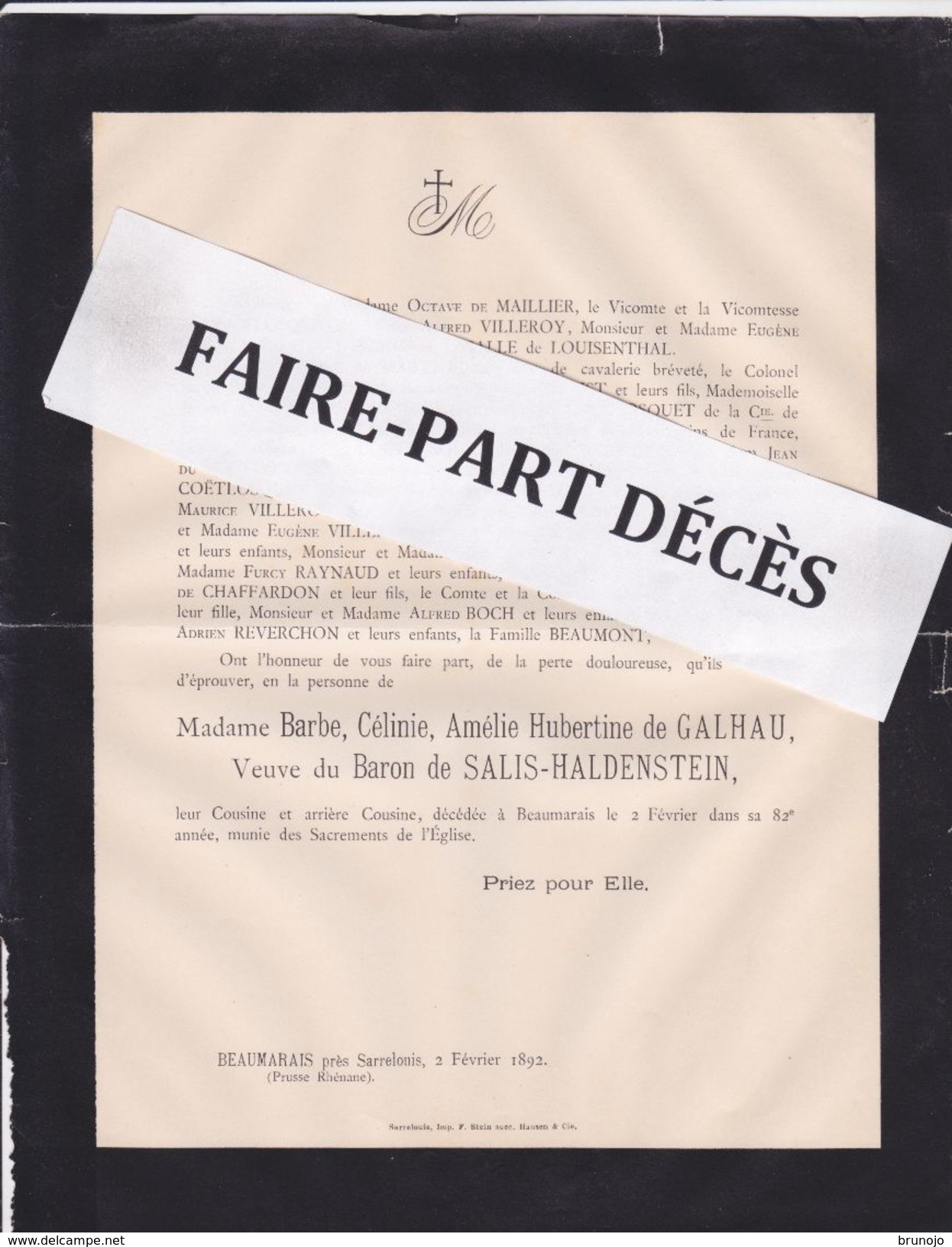 Faire-part Décès Mme Barbe Célinie Amélie Hubertine DE GALHAU, Veuve Du Baron DE SALIS-HALDENSTEIN, Beaumarais, 1892 - Obituary Notices