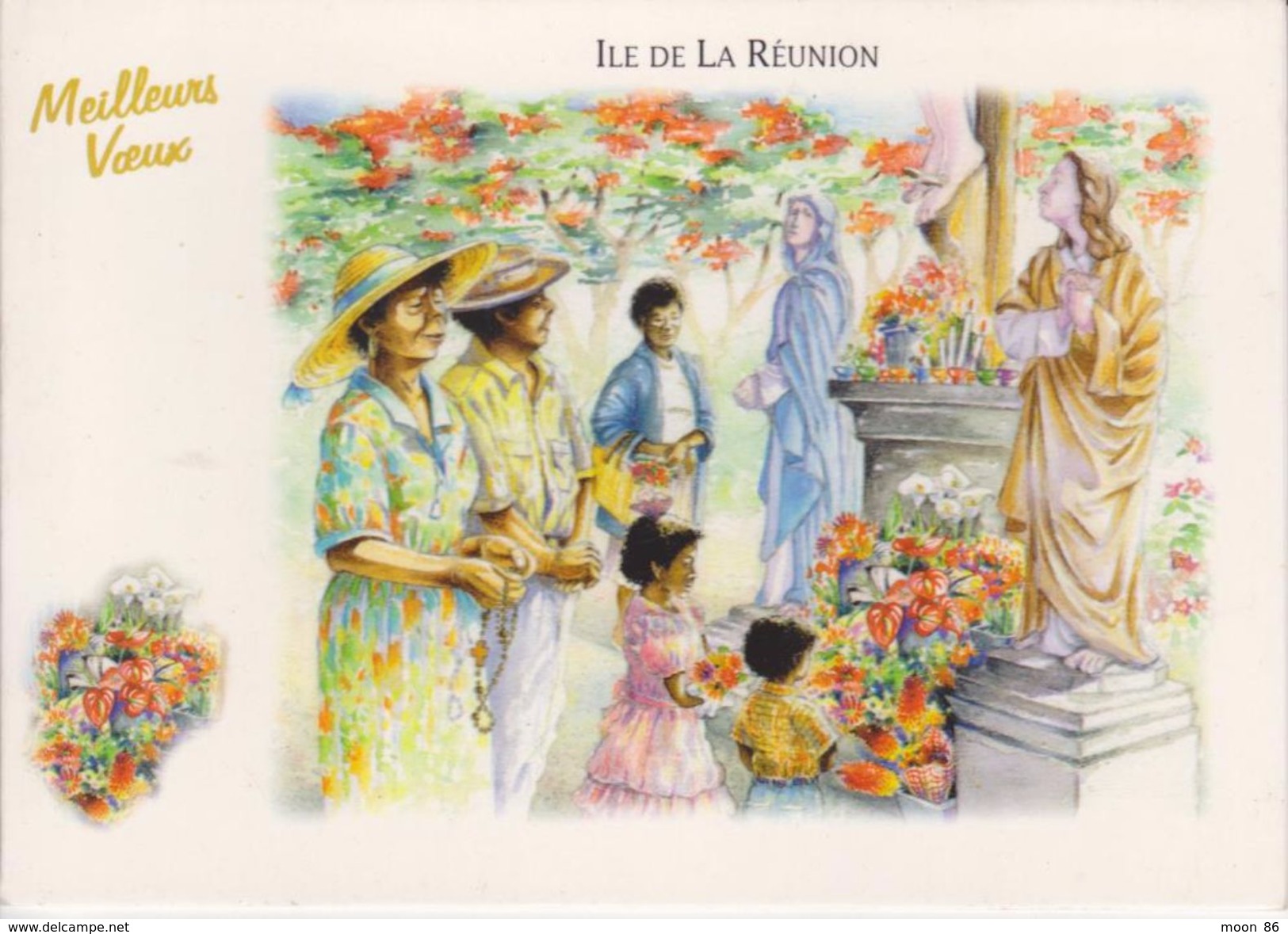 974 - ILE DE LA REUNION  -  FAMILLE CREOLE  EN RECUEILLEMENT - CARTE DOUBLE DE MEILLEURS VŒUX - Autres & Non Classés