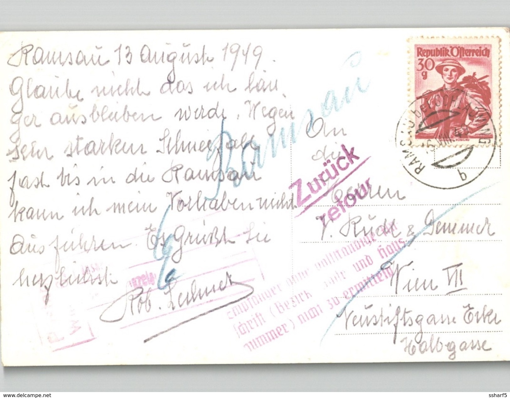 AK Austriahütte Mit  Violette Stempel ZURÜCK RETOUR Empfänger Ohne Sollst. Anschrift ... 191$9 - Briefe U. Dokumente