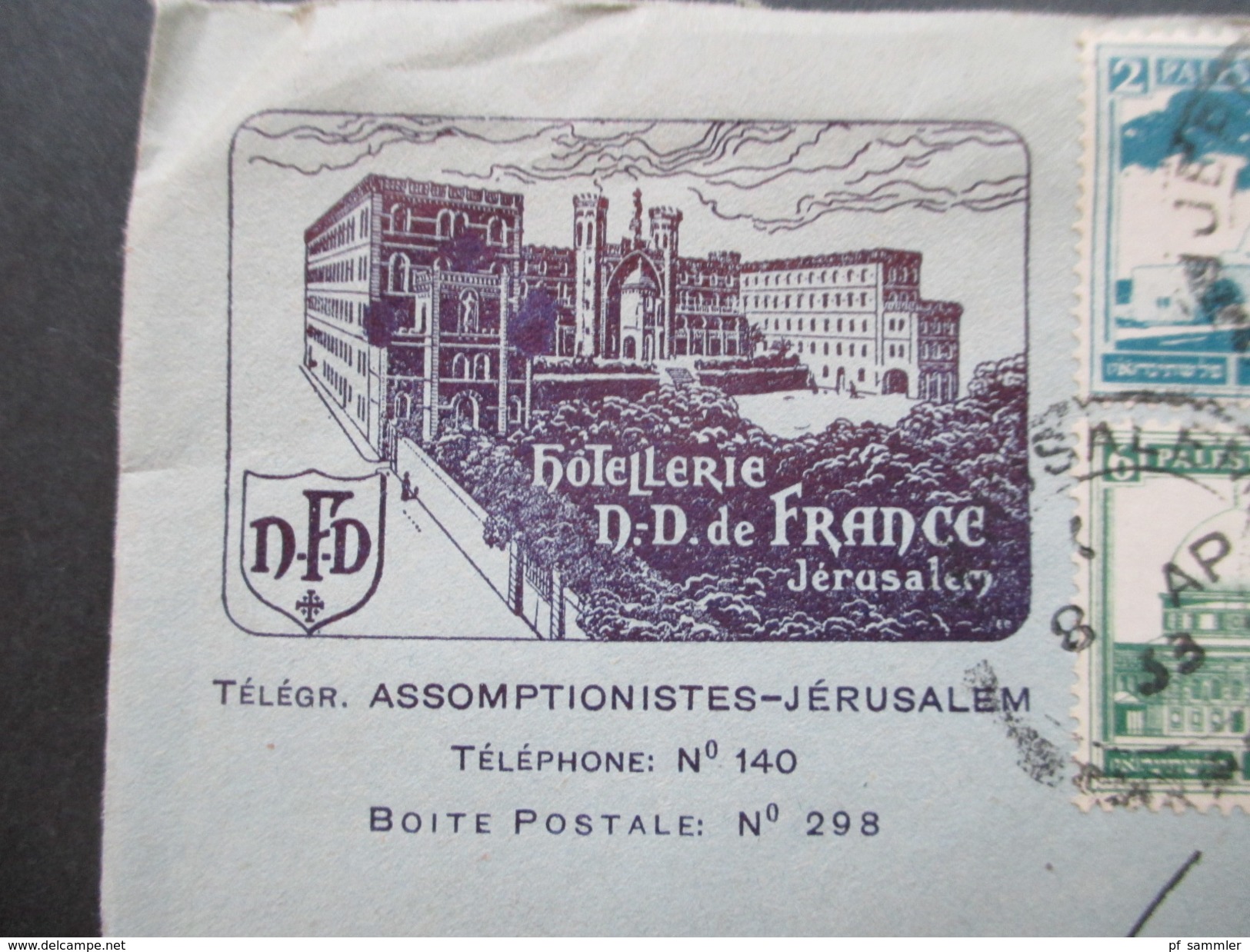 Palestine 1933 MiF Umschlag Mit Inhalt: Hotellerie N.D. De France Jerusalem. Hotel. Briefpapier Vom Hotel!! + 2 Fotos. - Palästina