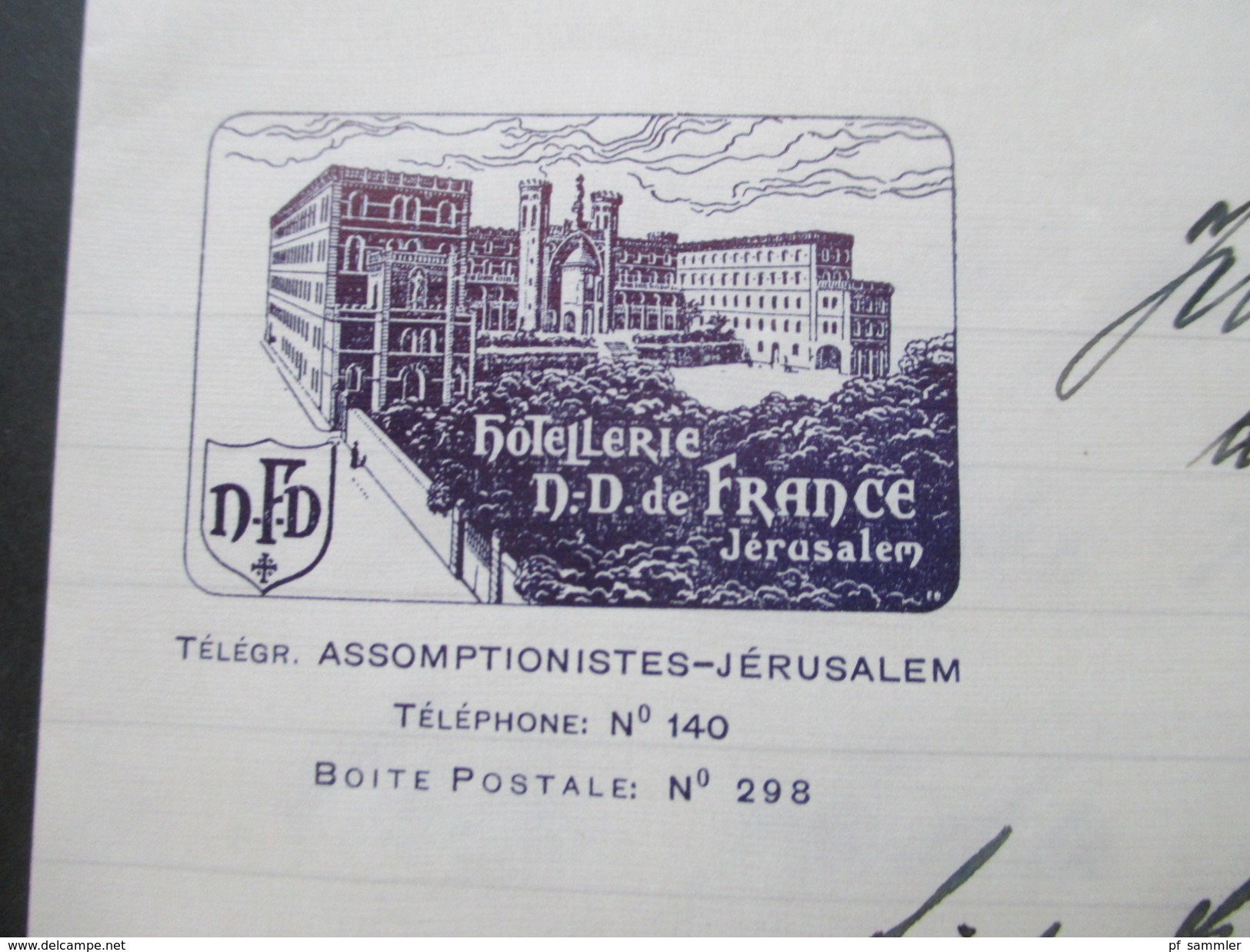 Palestine 1933 MiF Umschlag mit Inhalt: Hotellerie N.D. de France Jerusalem. Hotel. Briefpapier vom Hotel!! + 2 Fotos.