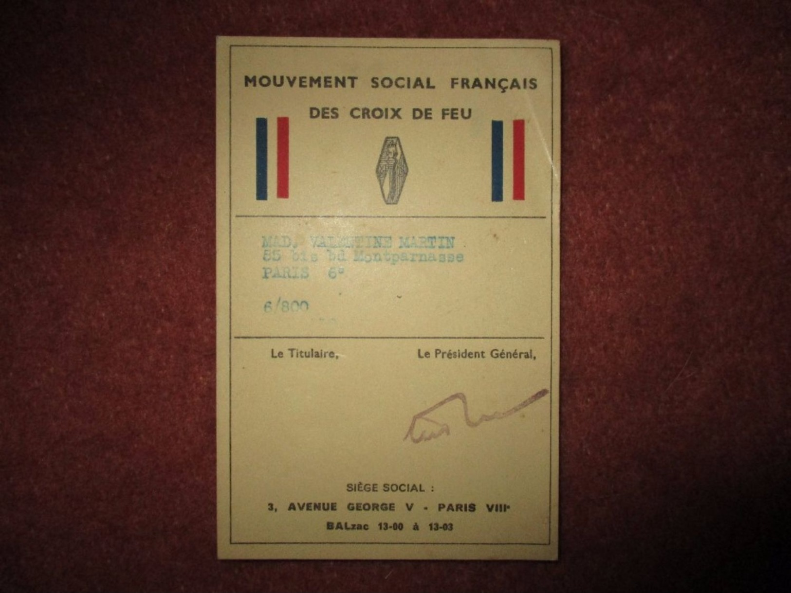 CARTE ADHERENT CROIX DE FEU -1936 - Documents Historiques