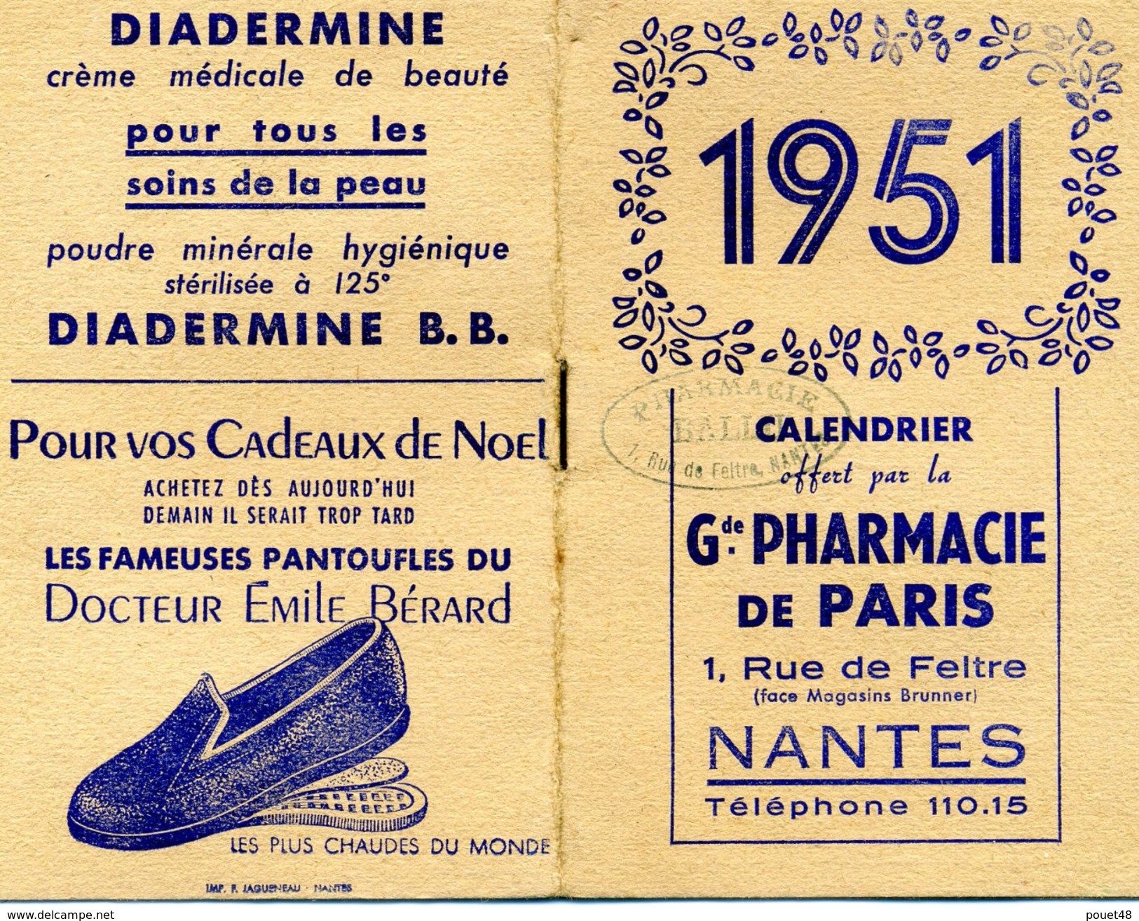 Calendrier Petit Format - 1951 - Pharmacie De PARIS à NANTES - PUB - Petit Format : 1941-60