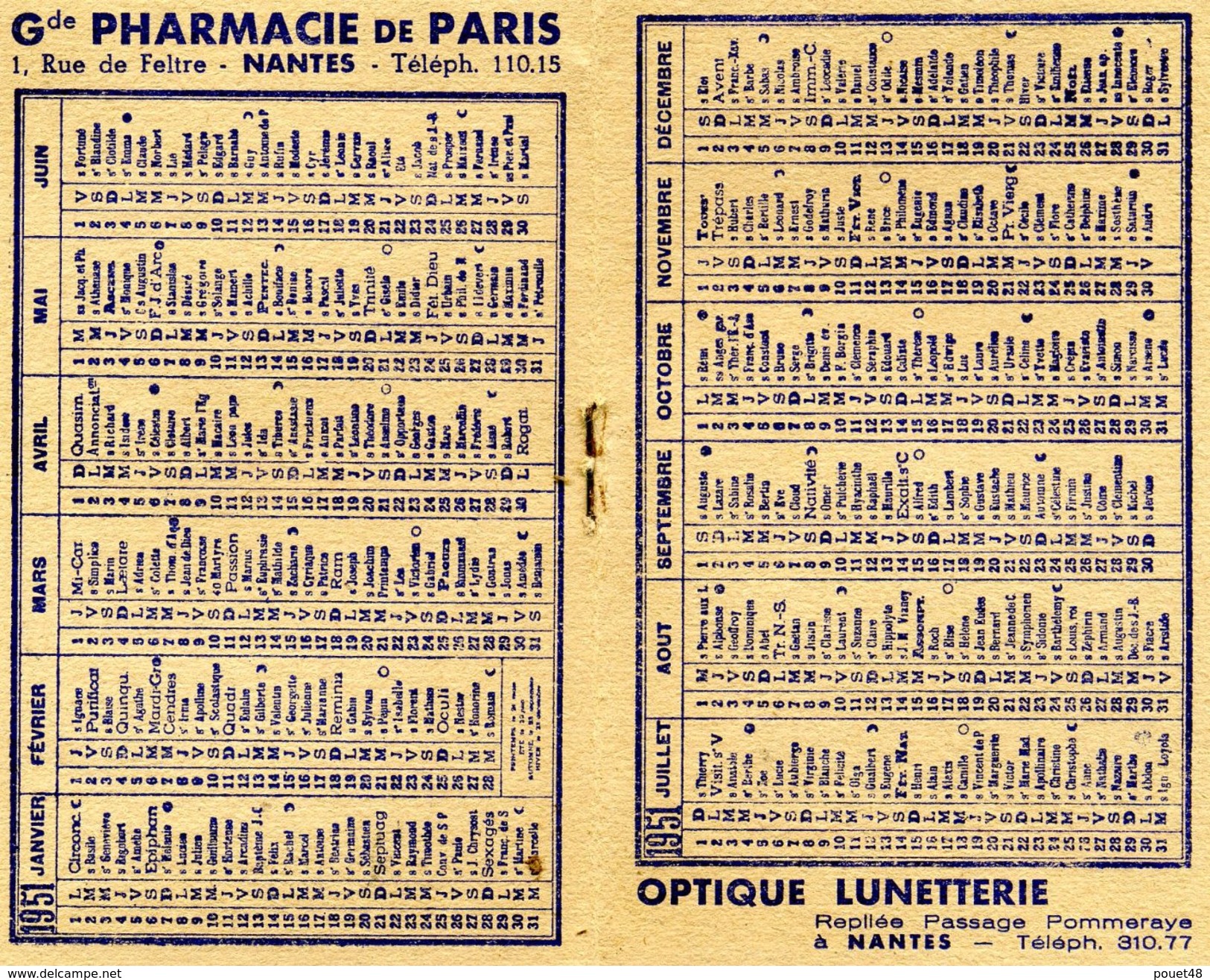 Calendrier Petit Format - 1951 - Pharmacie De PARIS à NANTES - PUB - Petit Format : 1941-60