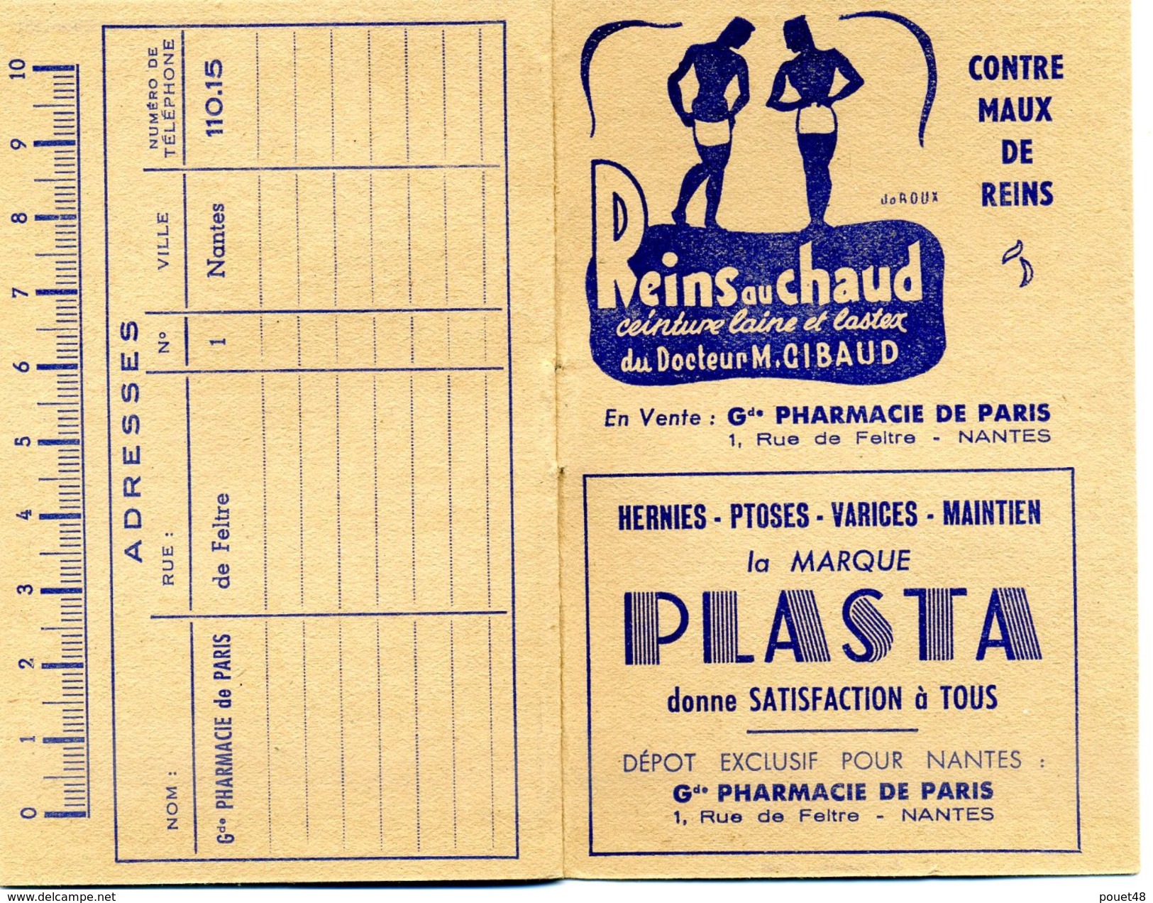 Calendrier Petit Format - 1951 - Pharmacie De PARIS à NANTES - PUB - Petit Format : 1941-60