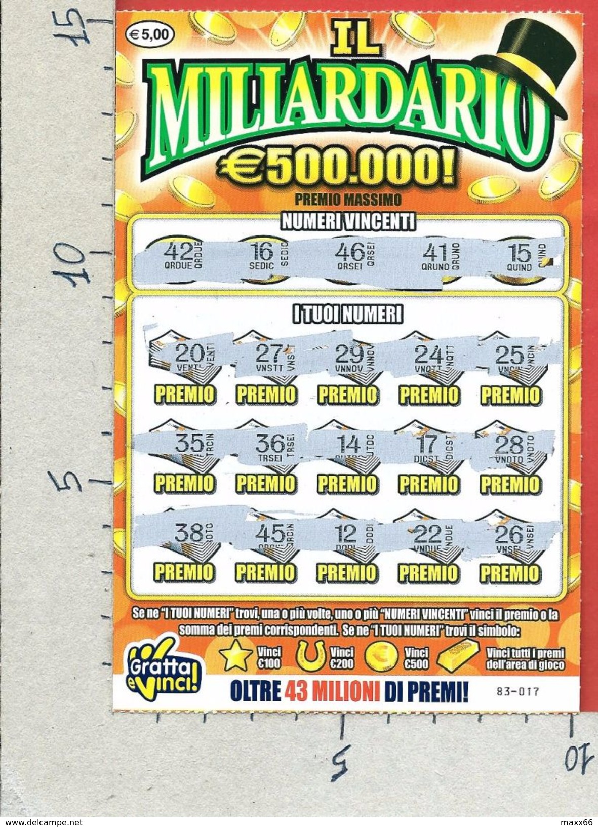 ITALIA - ITALY - LOTTERIA ISTANTANEA - LOTTERY TICKET - GRATTA E VINCI - IL MILIARDARIO - € 5,00 - Billetes De Lotería