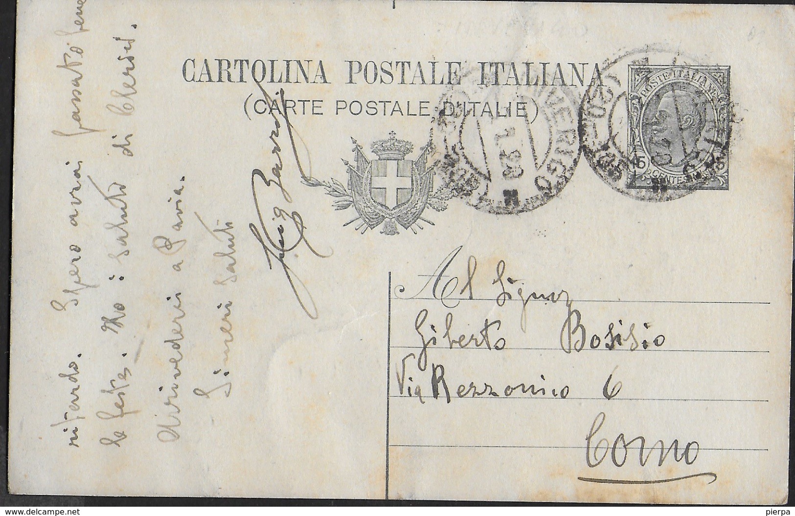 STORIA POSTALE REGNO - ANNULLO FRAZIONARIO INVERIGO (CO) 20-105 SU INTERO LEONI - Storia Postale