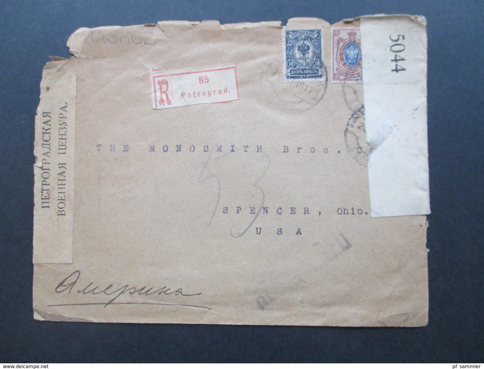 Russland 1917 / 18 R-Brief Petrograd 85 Nach Spencer Ohio USA. Zensur Zweier Länder! Viele Stempel! MIt Inhalt! - Cartas & Documentos