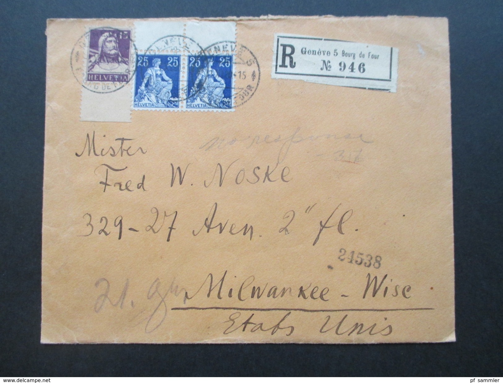 Schweiz 1920 MiF Sitzenden Helvetia Nr. 103 Waagerechtes Paar Vom Oberrand! R-Brief Geneve 5 Bourg De Four - Wise USA - Briefe U. Dokumente