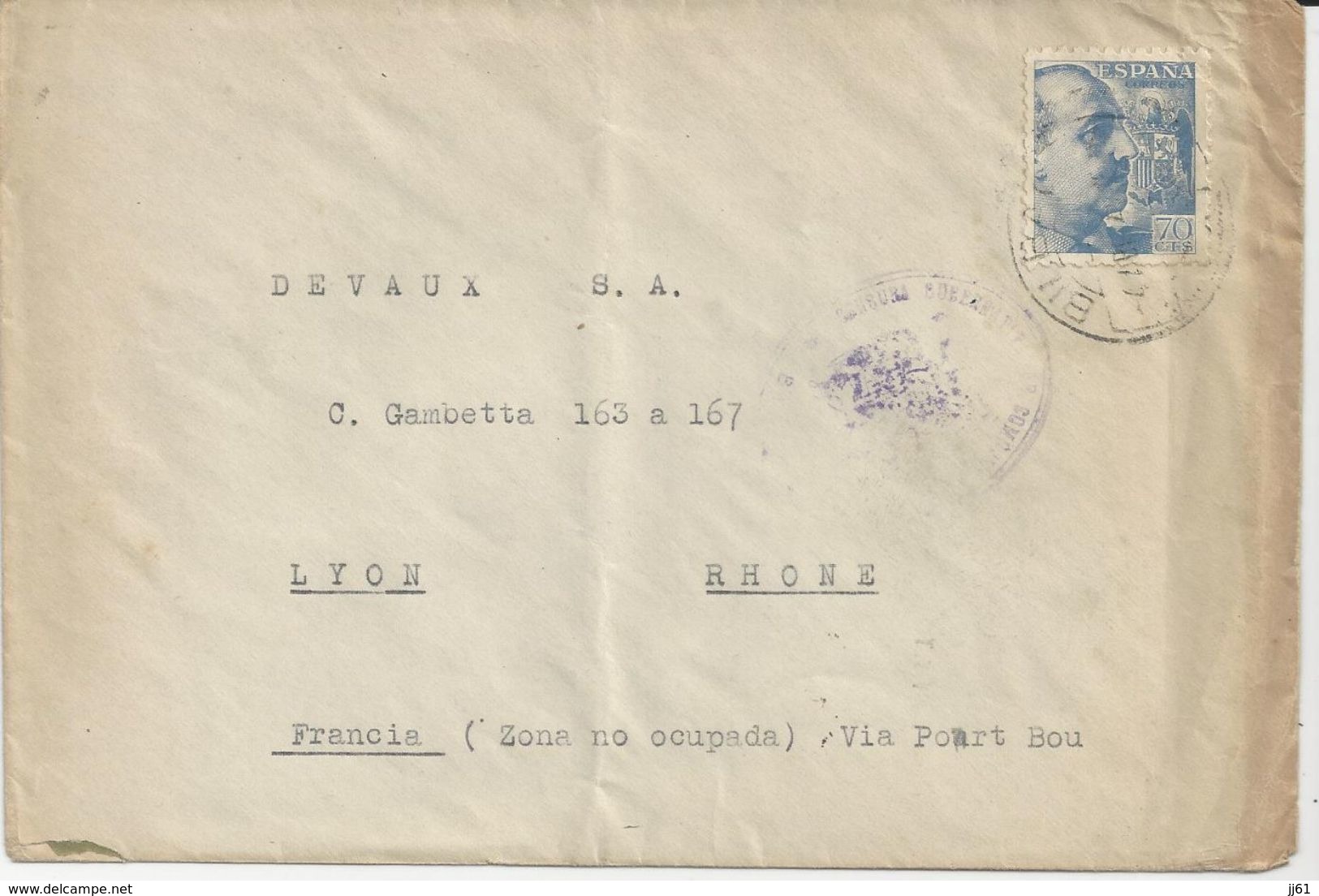 VITORIA ESPAGNE ENVELOPPE JOSE APRAIZ INGENIEUR INDUSTRIEL ENVOYE A DEVAUX SA A LYON EN ZONA NO OCUPADA ANNEE 1949 - Espagne