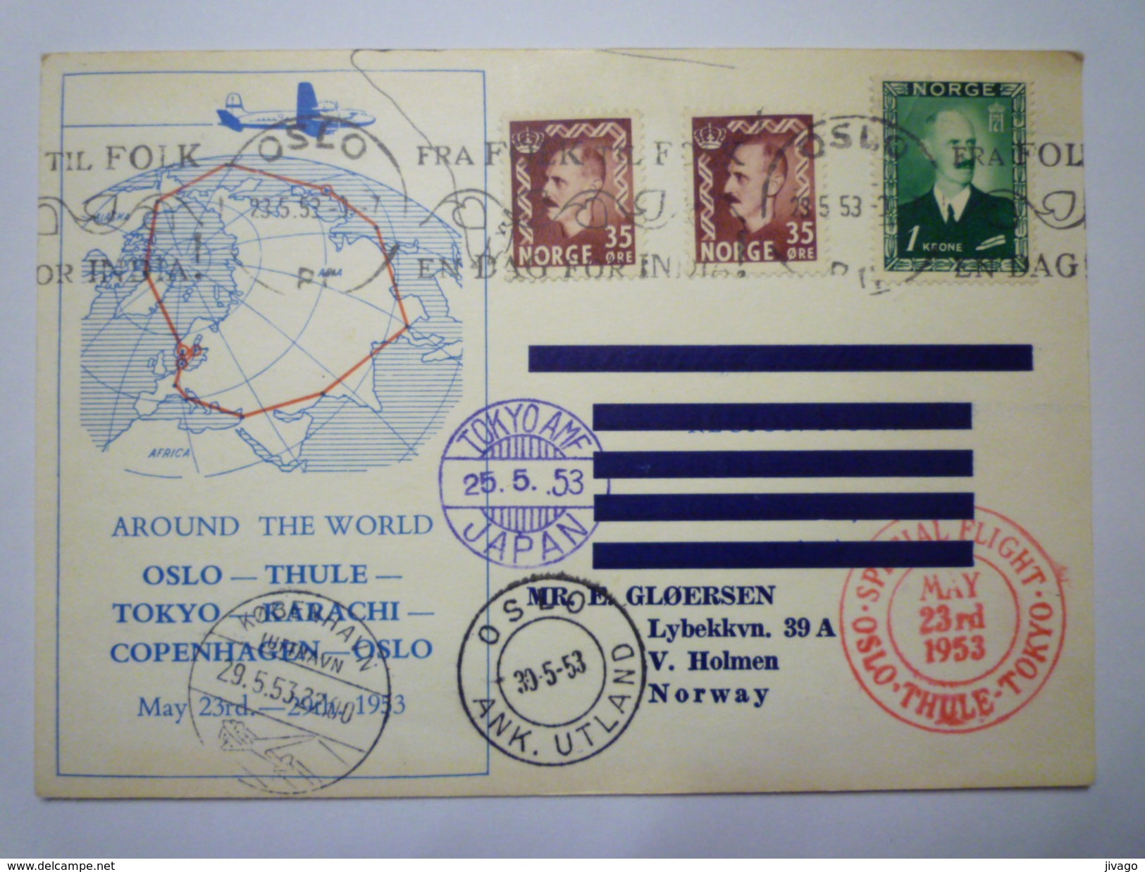 SPECIAL FLIGHT  "OSLO - THULE - TOKYO"   1953    - Covers & Documents