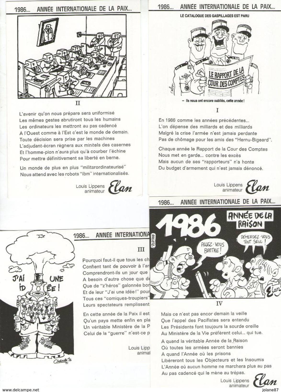 4 CPM  HUMOUR MILITAIRE    1986       ANNEE INTERNATIONALE DE LA PAIX     ILLUSTR. CABU  DELVALLE   SYSSOÏEV   RALETZ - Humor