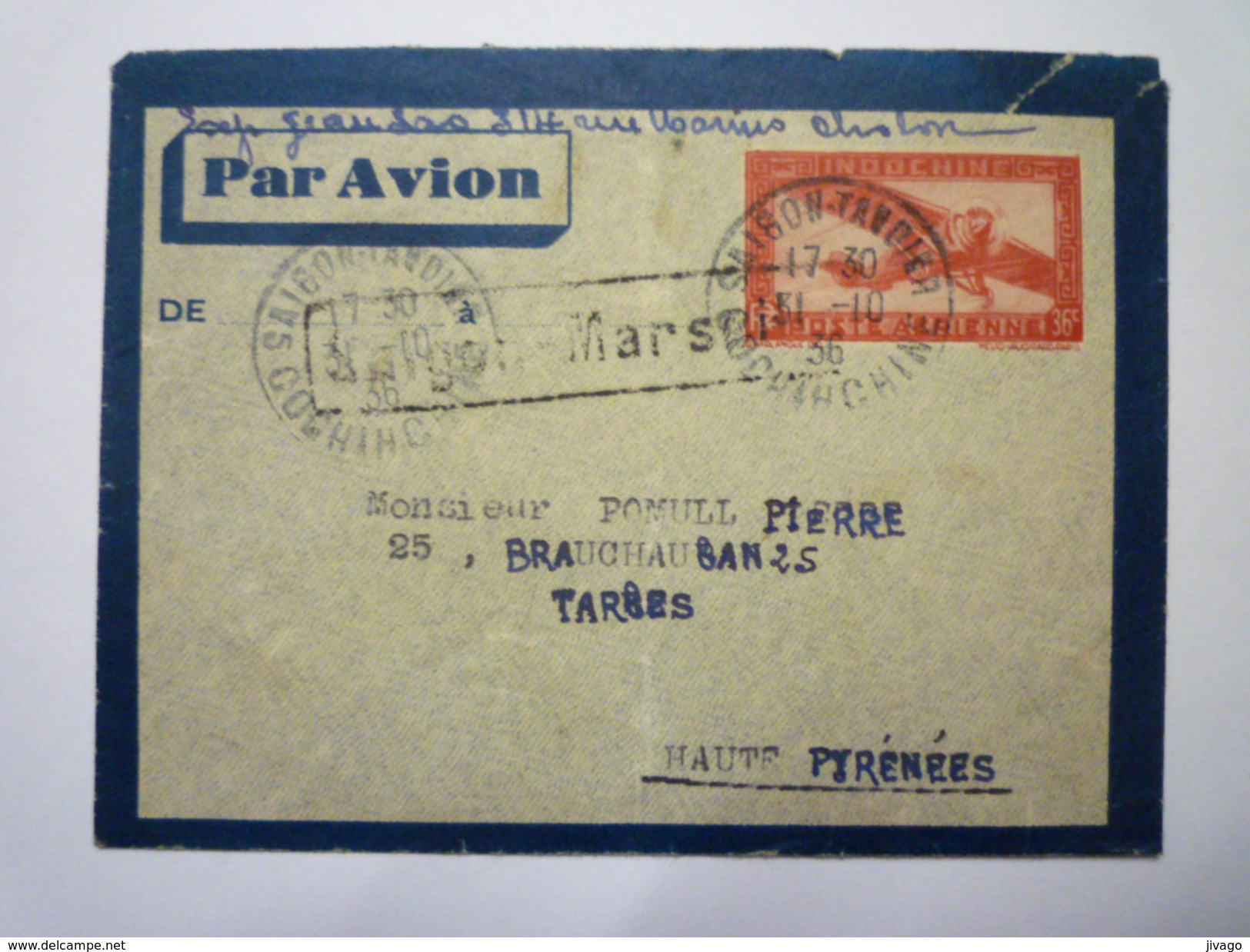 ENVELOPPE  Au Départ De  SAÏGON  à Destination De  TARBES   1936    - Andere & Zonder Classificatie