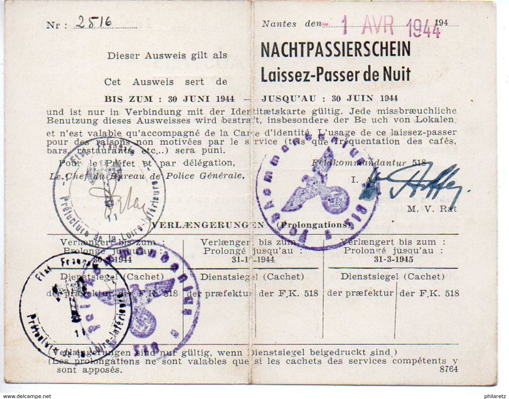 Laissez Passer De Nuit - Nantes 1er Avril 1944 - 1939-45