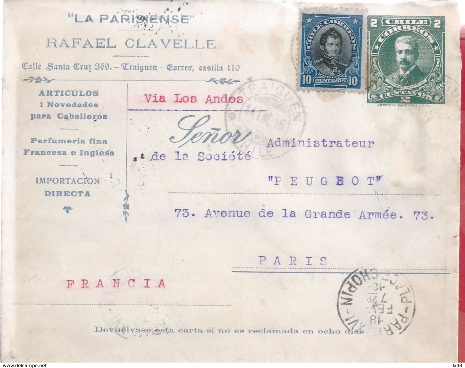 Letter Stationery With Stamp Lucas Montt, President Chile. O'Higgns, Military. Peugeot. Place Chopin. Fashion. Clothing - Chili