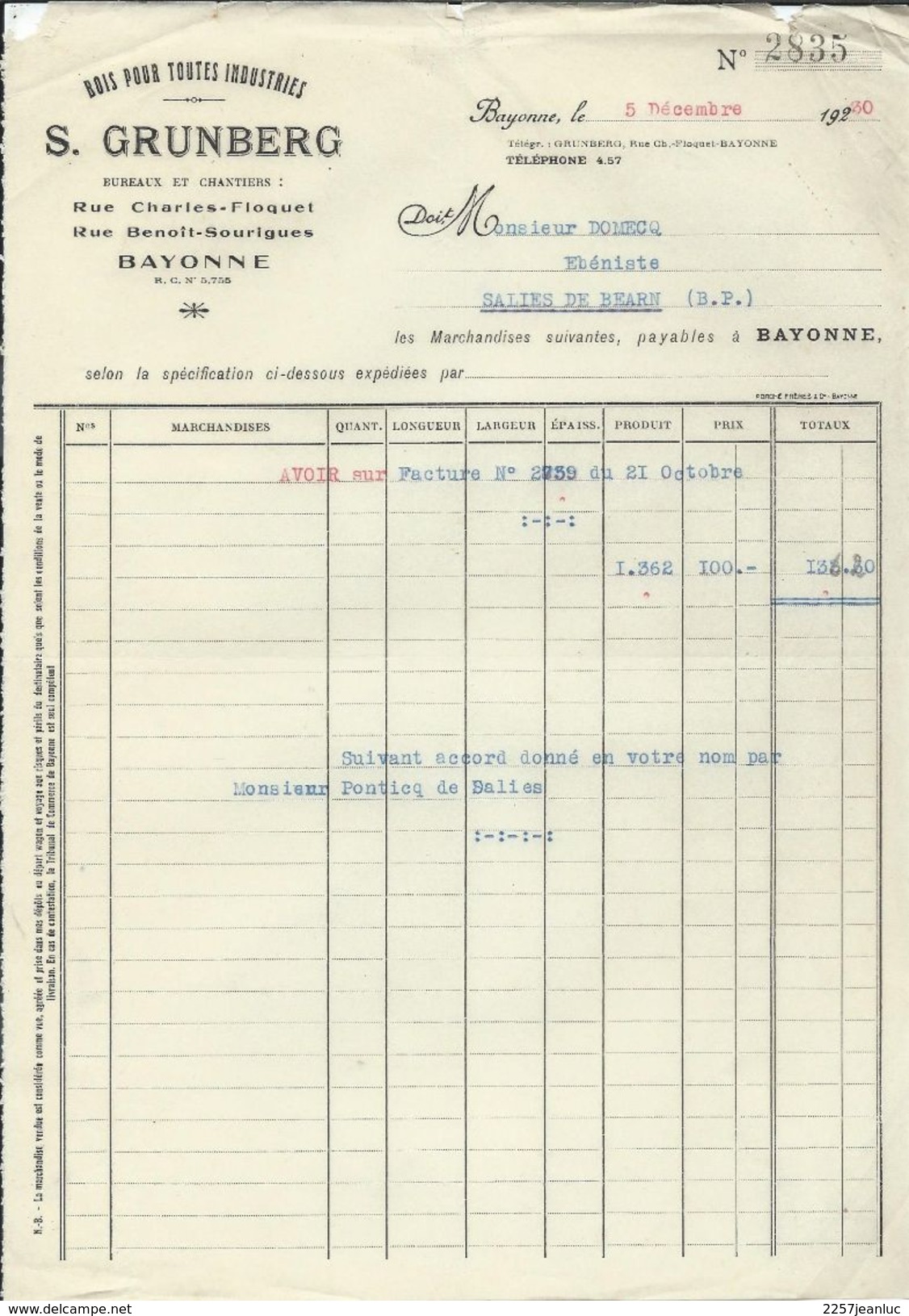 Facture 1930 - S Grunberg - Bois Pour Industries - à Bayonne - Autres & Non Classés